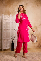 Elegant Rayon Kurta & Pant Set – Fuchsia with White Floral Print