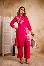 Elegant Rayon Kurta & Pant Set – Fuchsia with White Floral Print
