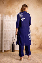 Navy Cotton Floral Cord Set - Button-Down Top and Pants