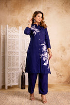 Navy Cotton Floral Cord Set - Button-Down Top and Pants