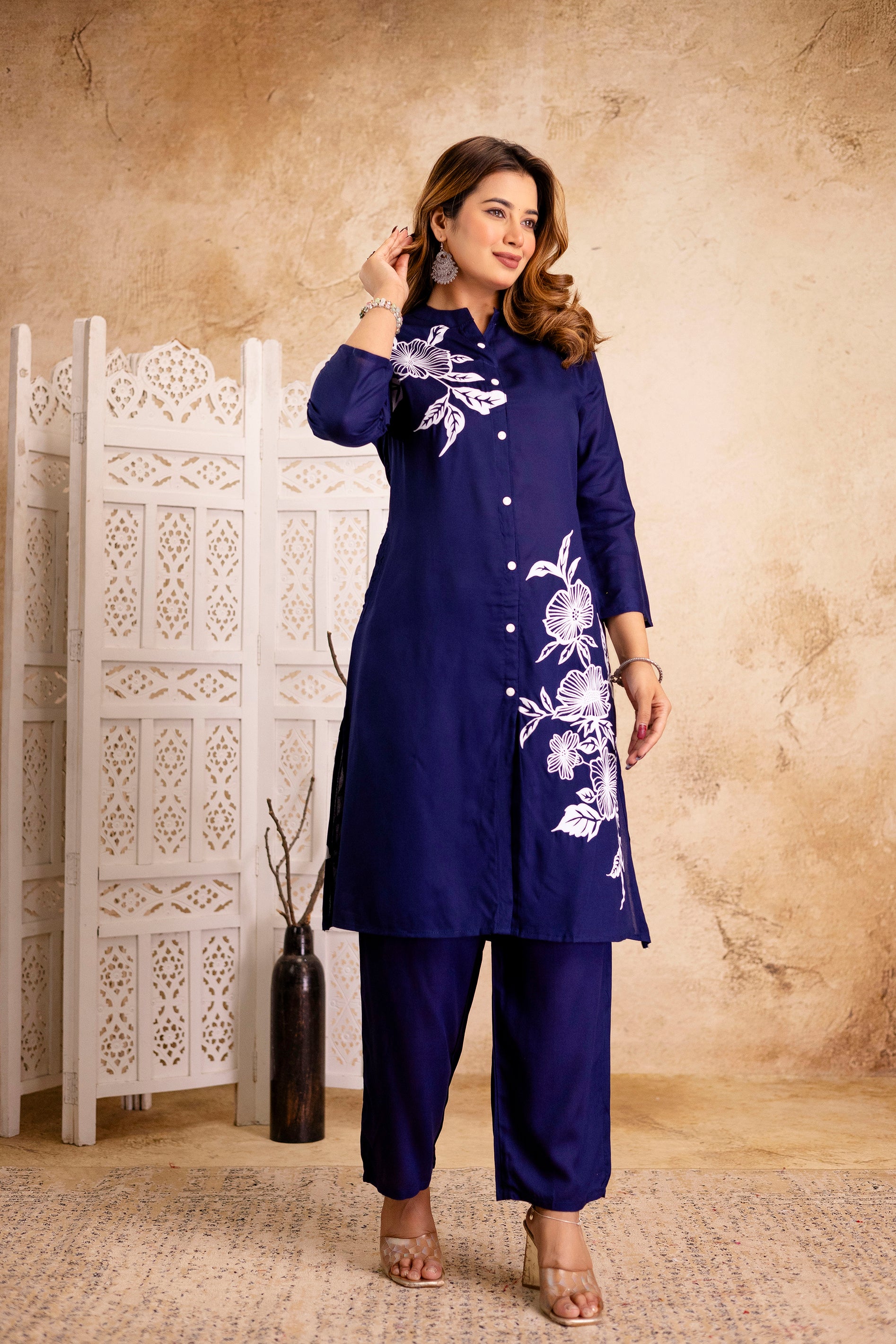 Navy Cotton Floral Cord Set - Button-Down Top and Pants