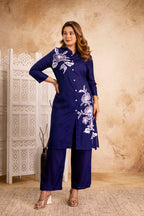 Navy Cotton Floral Cord Set - Button-Down Top and Pants