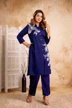 Navy Cotton Floral Cord Set - Button-Down Top and Pants