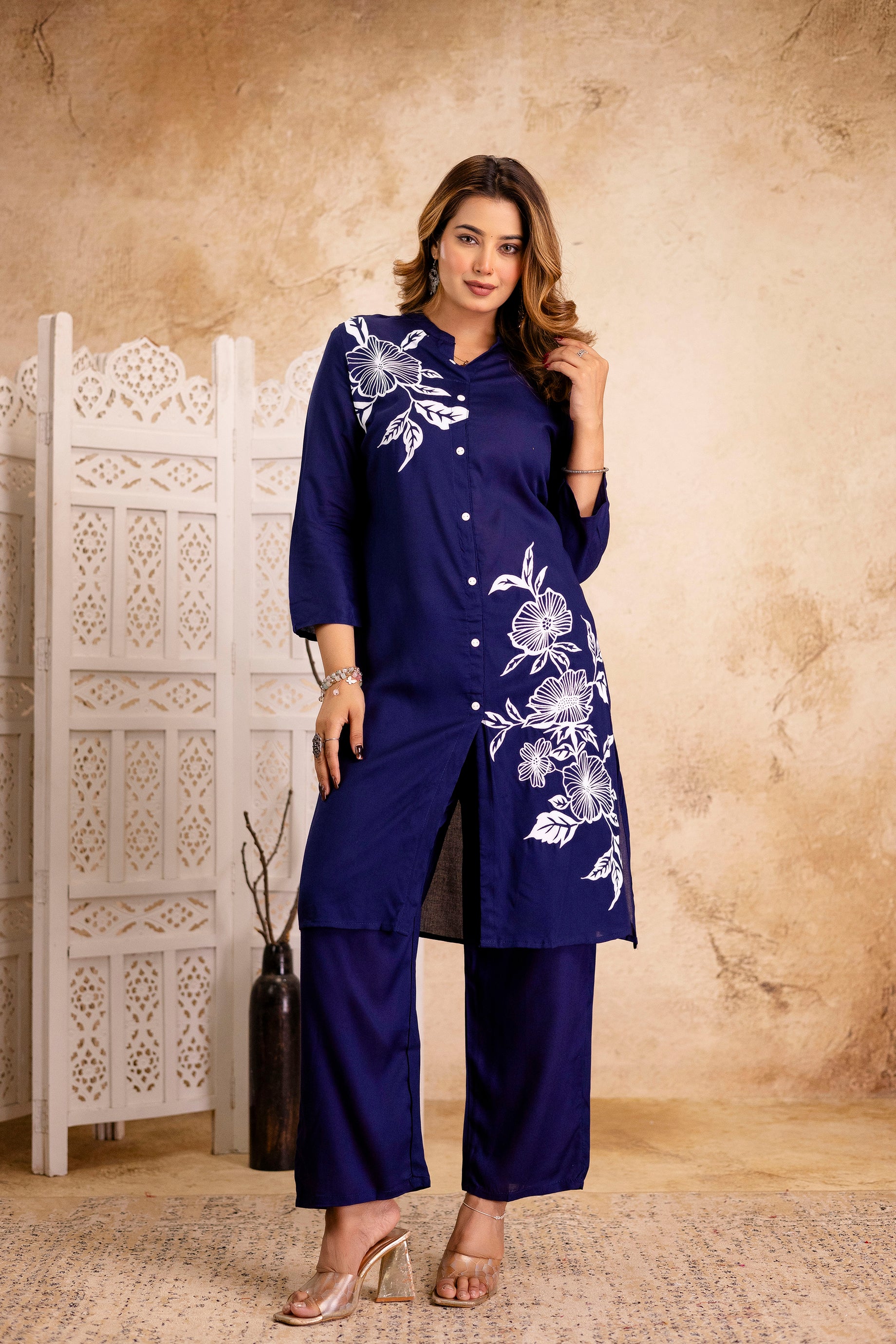 Navy Cotton Floral Cord Set - Button-Down Top and Pants