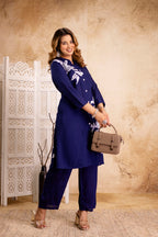 Navy Cotton Floral Cord Set - Button-Down Top and Pants