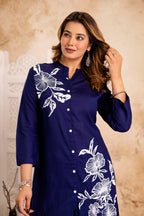 Navy Cotton Floral Cord Set - Button-Down Top and Pants