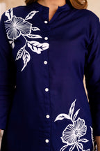 Navy Cotton Floral Cord Set - Button-Down Top and Pants