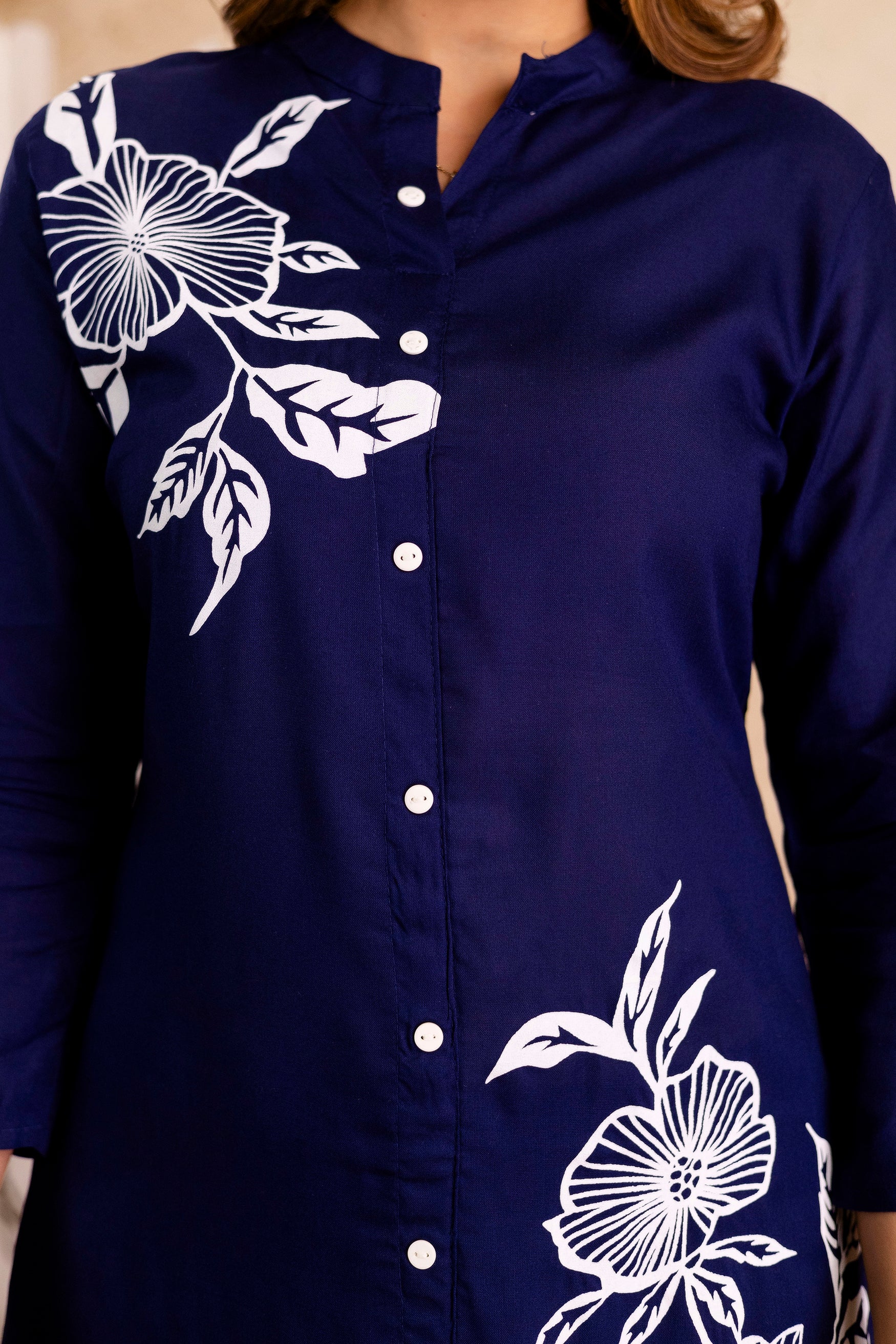 Navy Cotton Floral Cord Set - Button-Down Top and Pants