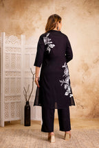 Black Floral Printed Rayon Kurta & Pant Set for Women