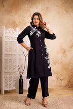 Black Floral Printed Rayon Kurta & Pant Set for Women