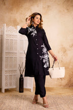 Black Floral Printed Rayon Kurta & Pant Set for Women