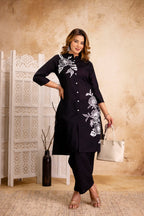 Black Floral Printed Rayon Kurta & Pant Set for Women