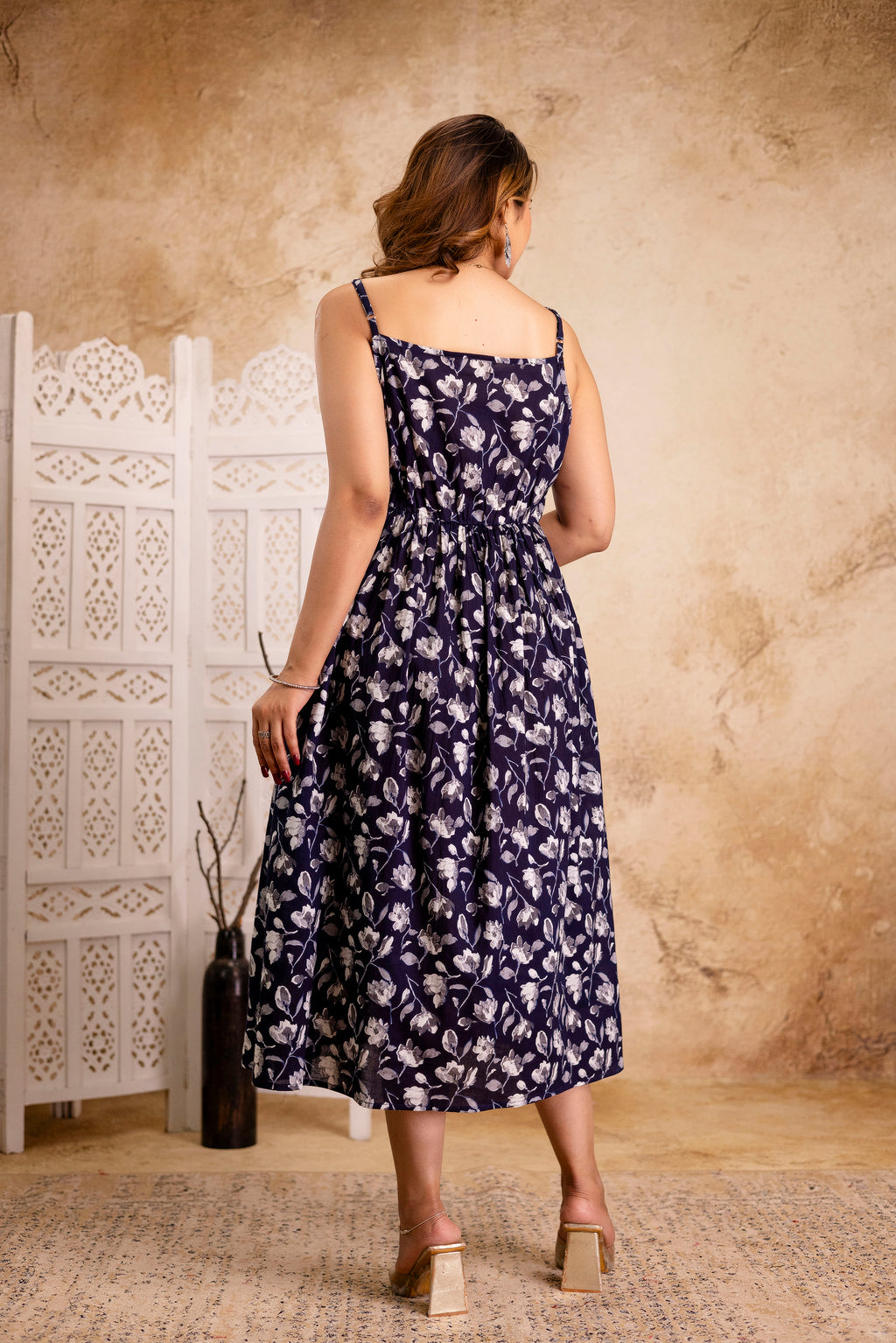 Midnight Bloom Floral Strappy Midi Dress