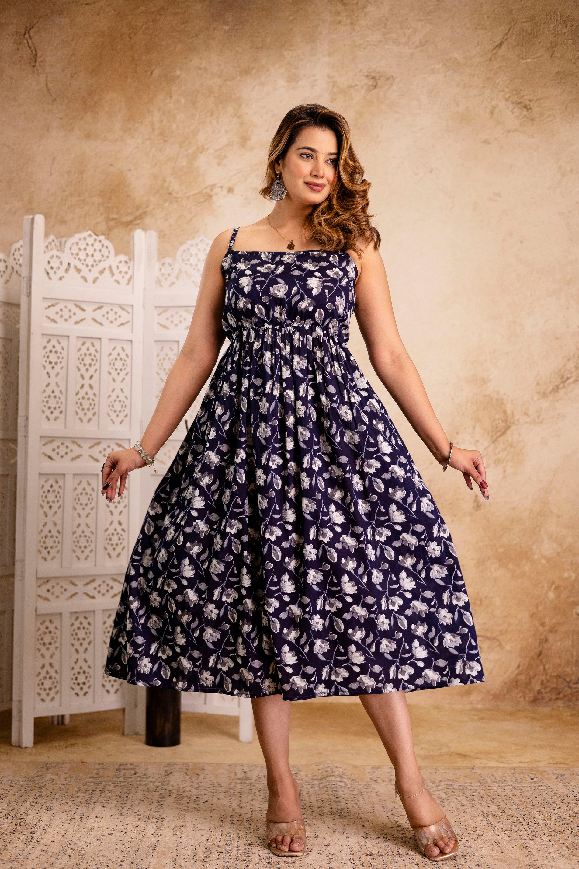 Midnight Bloom Floral Strappy Midi Dress