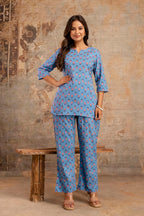 Women’s Blue Floral Printed Cotton Nightwear Set