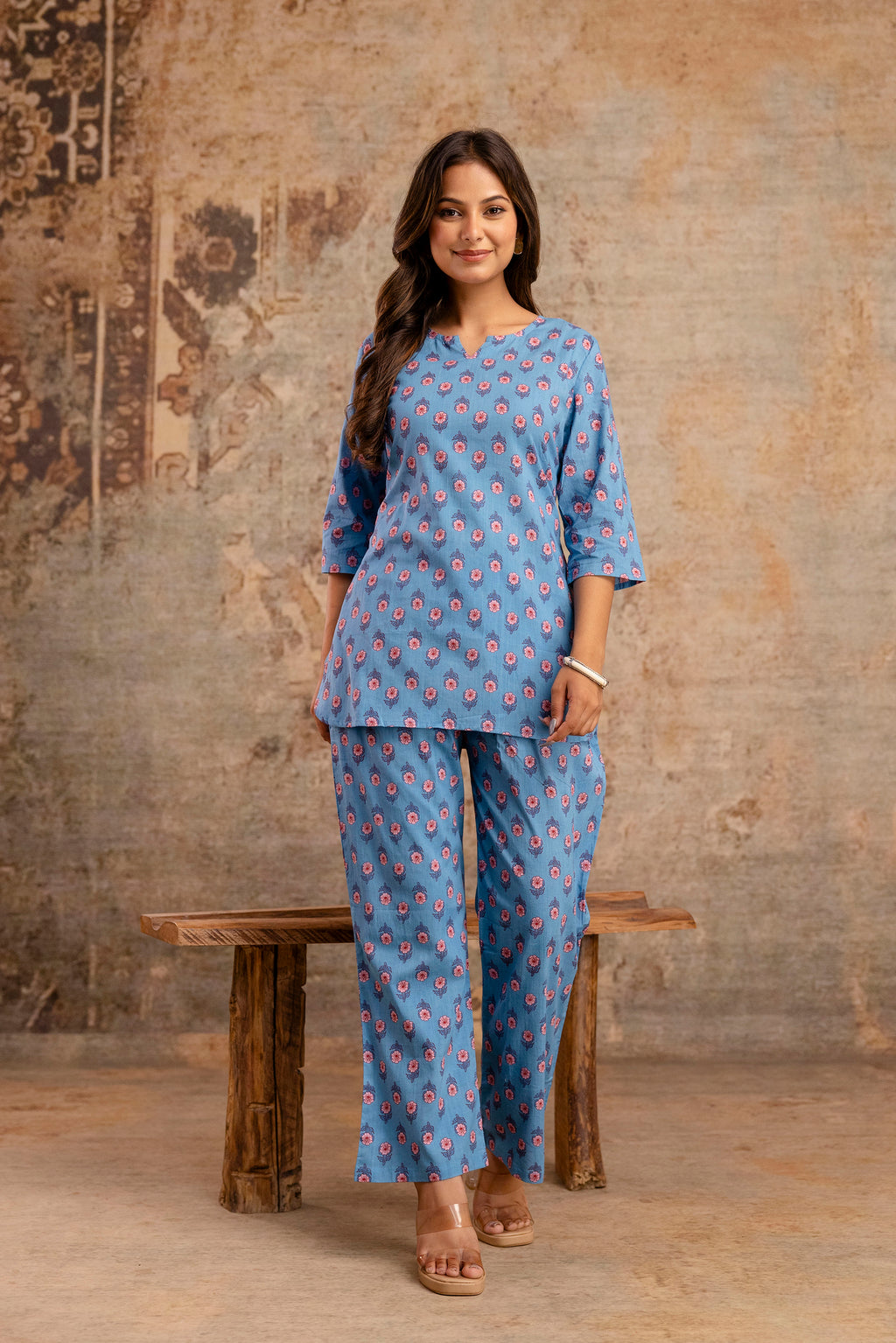 Women’s Blue Floral Printed Cotton Nightwear Set