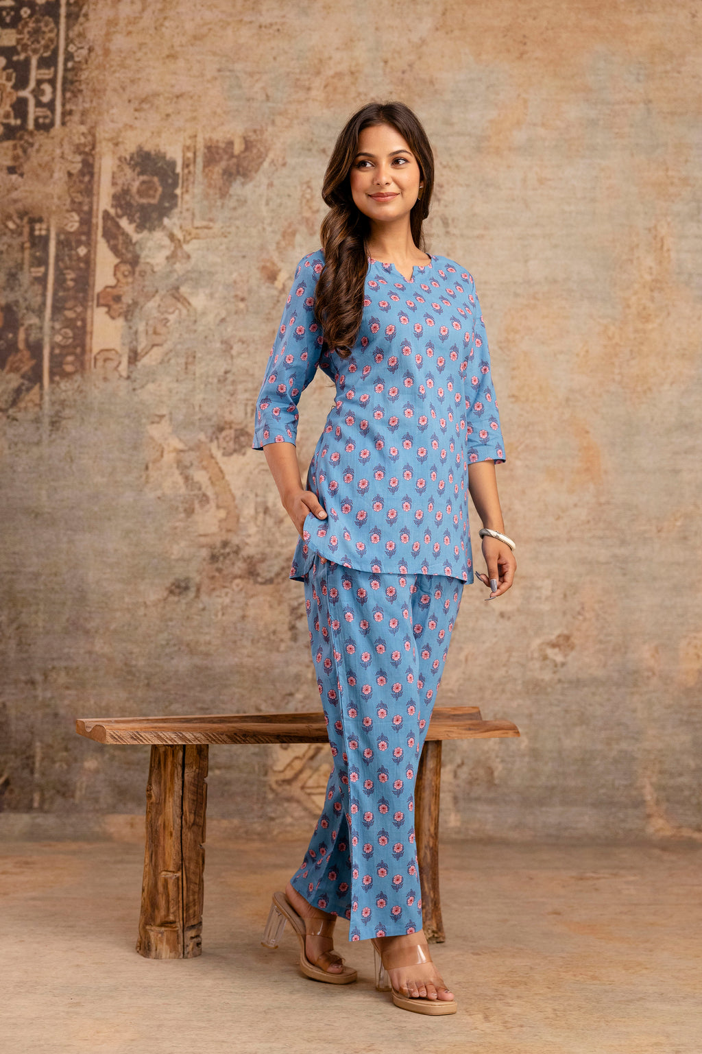Women’s Blue Floral Printed Cotton Nightwear Set