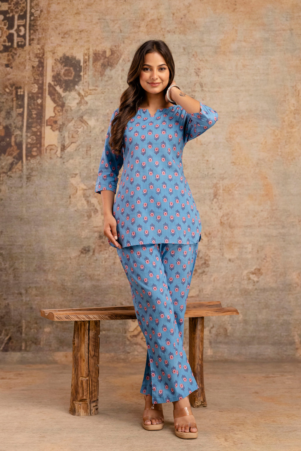 Women’s Blue Floral Printed Cotton Nightwear Set