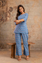 Women’s Blue Floral Printed Cotton Nightwear Set
