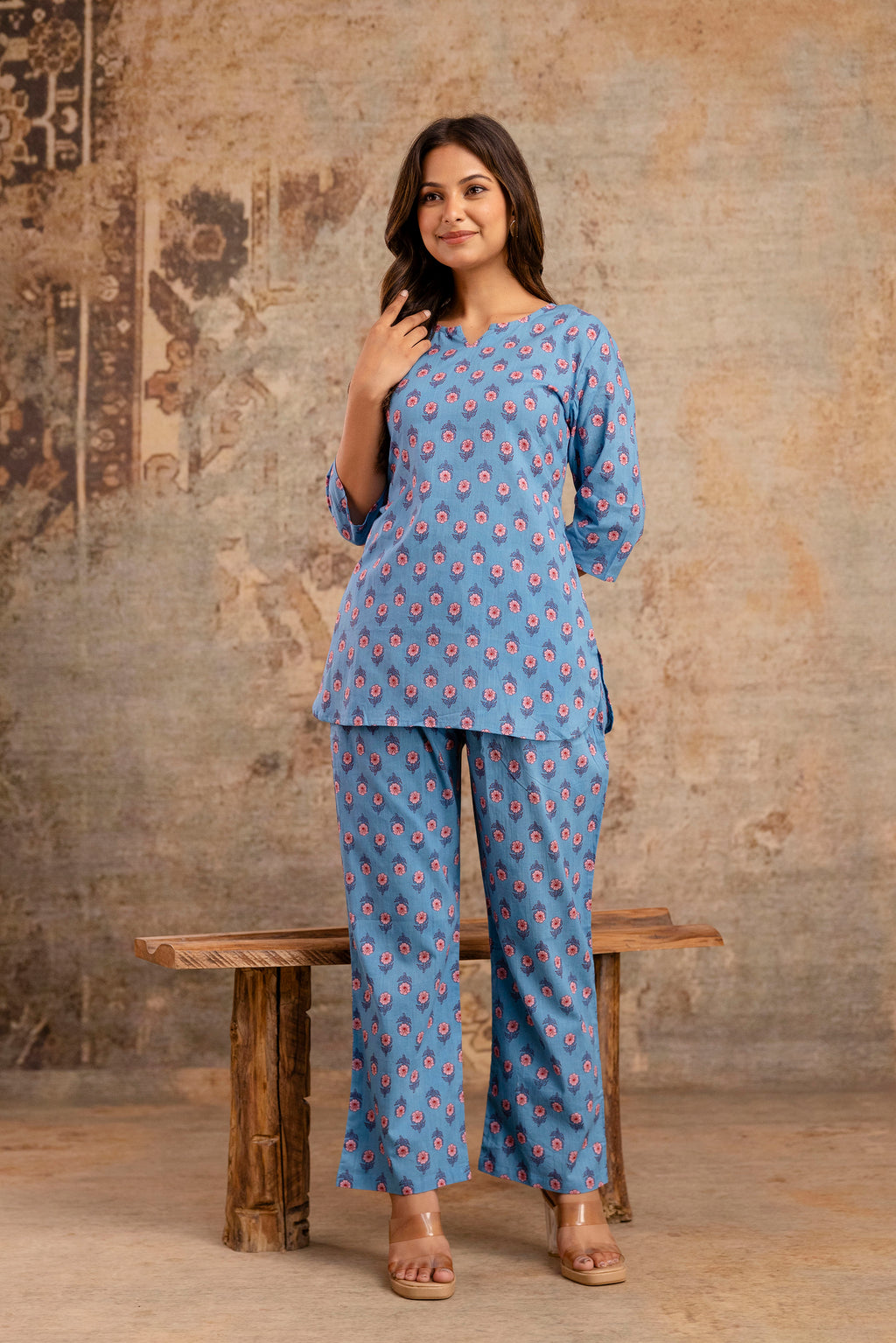 Women’s Blue Floral Printed Cotton Nightwear Set