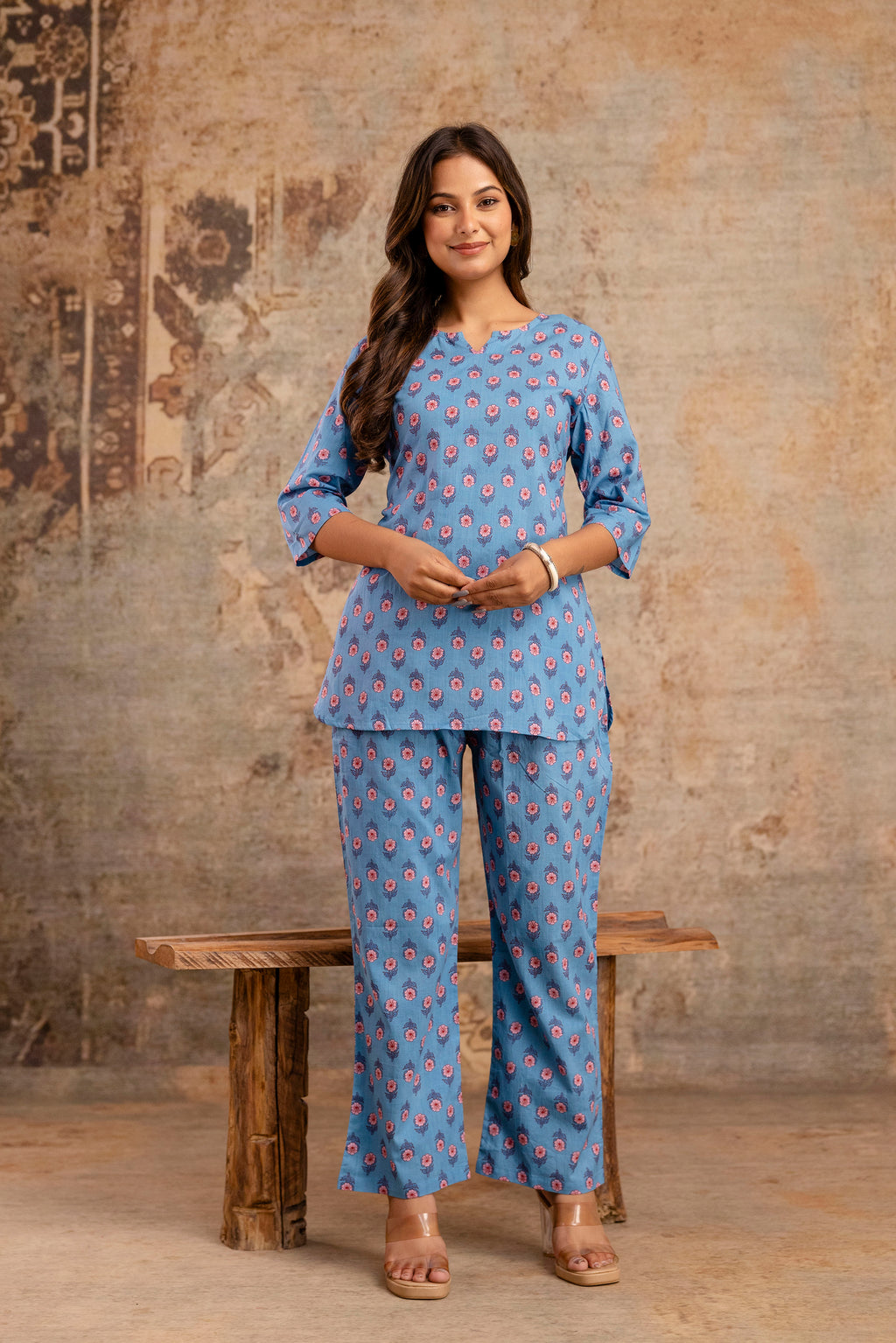 Women’s Blue Floral Printed Cotton Nightwear Set