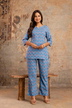 Women’s Blue Floral Printed Cotton Nightwear Set