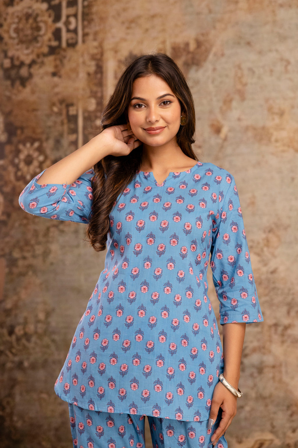 Women’s Blue Floral Printed Cotton Nightwear Set