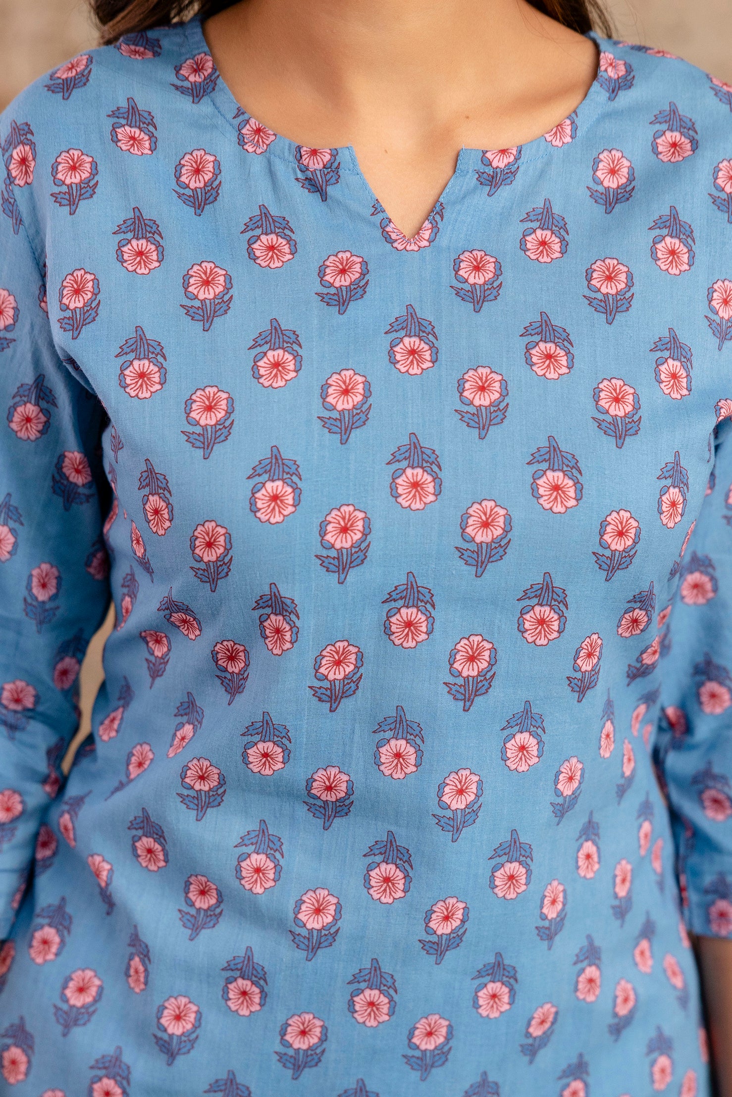 Women’s Blue Floral Printed Cotton Nightwear Set