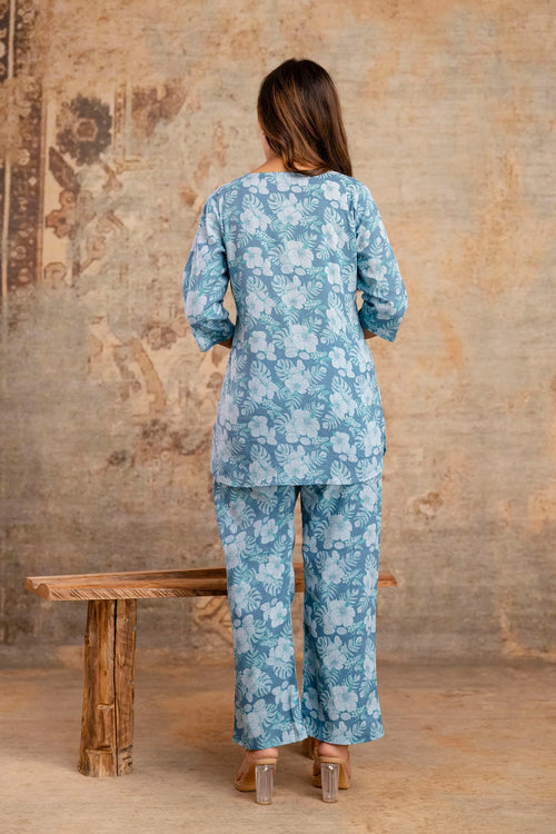 Blue Blossom Cotton Co-ord Set for Women  Ultra-Soft Relaxed Fit