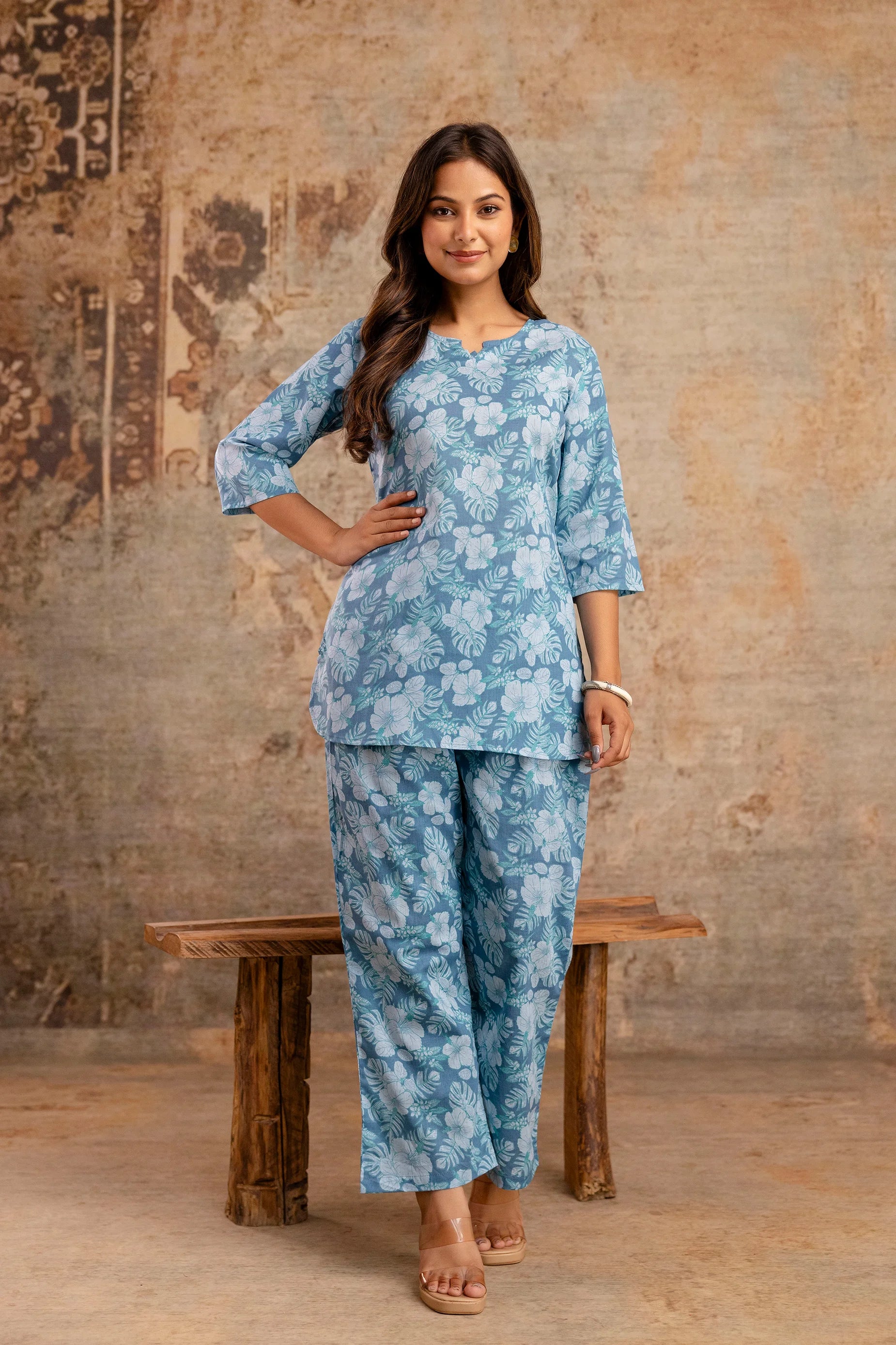 Blue Blossom Cotton Night Suit for Women – Ultra-Soft Relaxed Fit