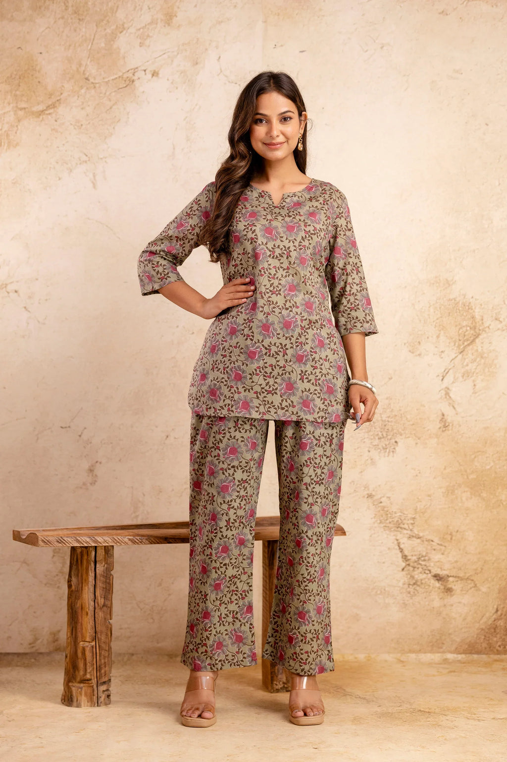 Womens Olive Floral Printed Cotton Co-ord Set  Relaxed Fit & Everyday Comfort