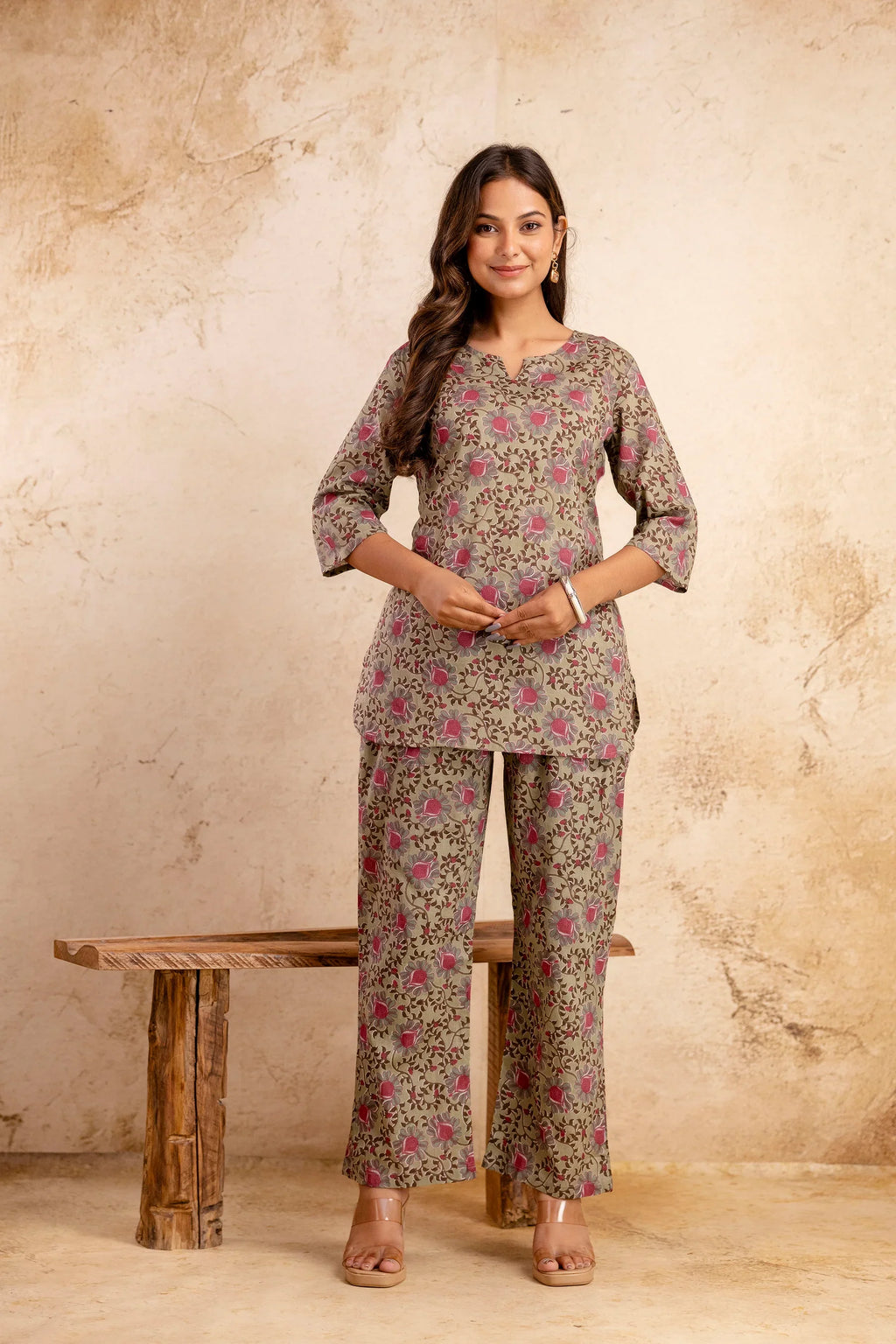 Womens Olive Floral Printed Cotton Co-ord Set  Relaxed Fit & Everyday Comfort