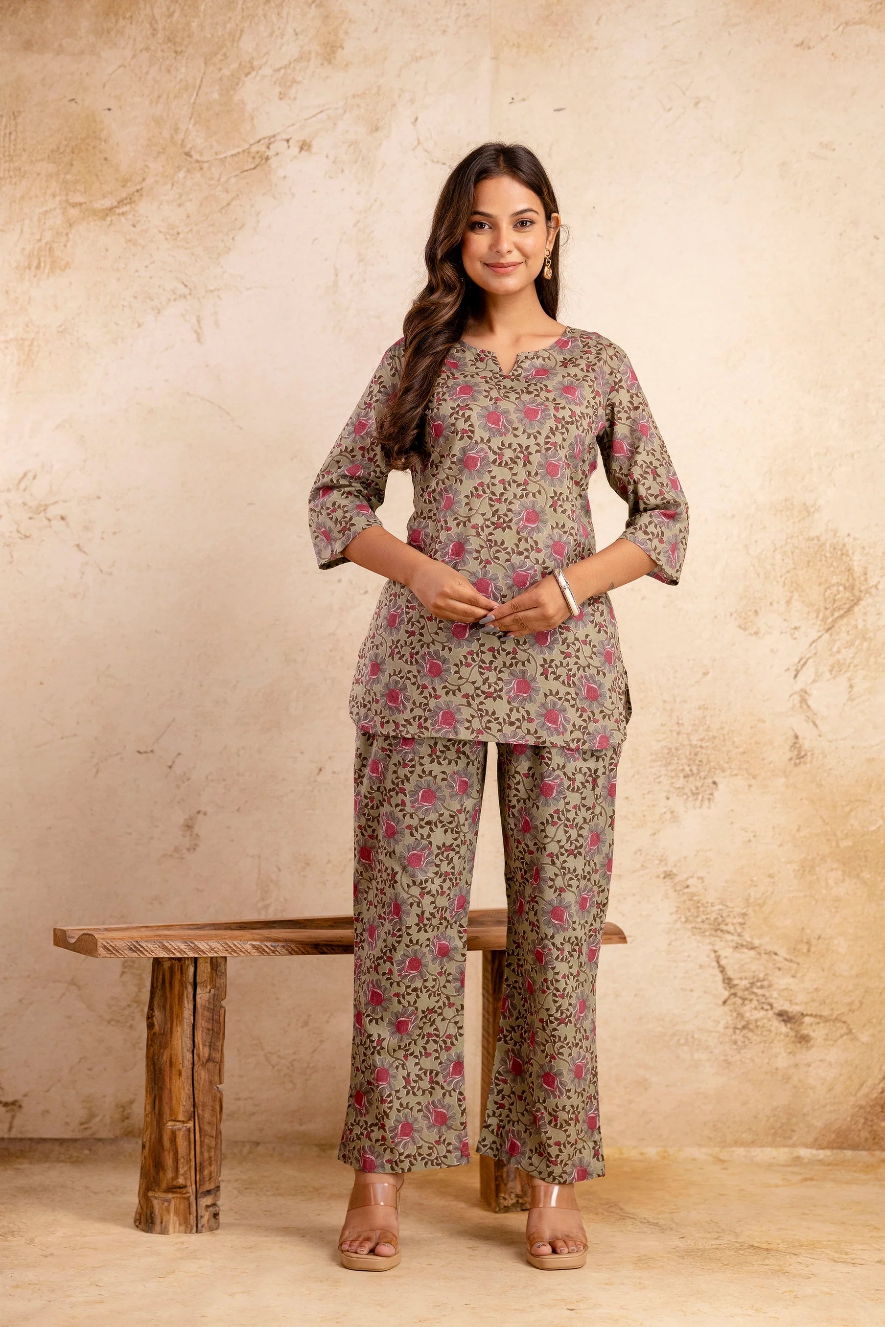 Women’s Olive Floral Printed Cotton Night Suit – Relaxed Fit & Everyday Comfort
