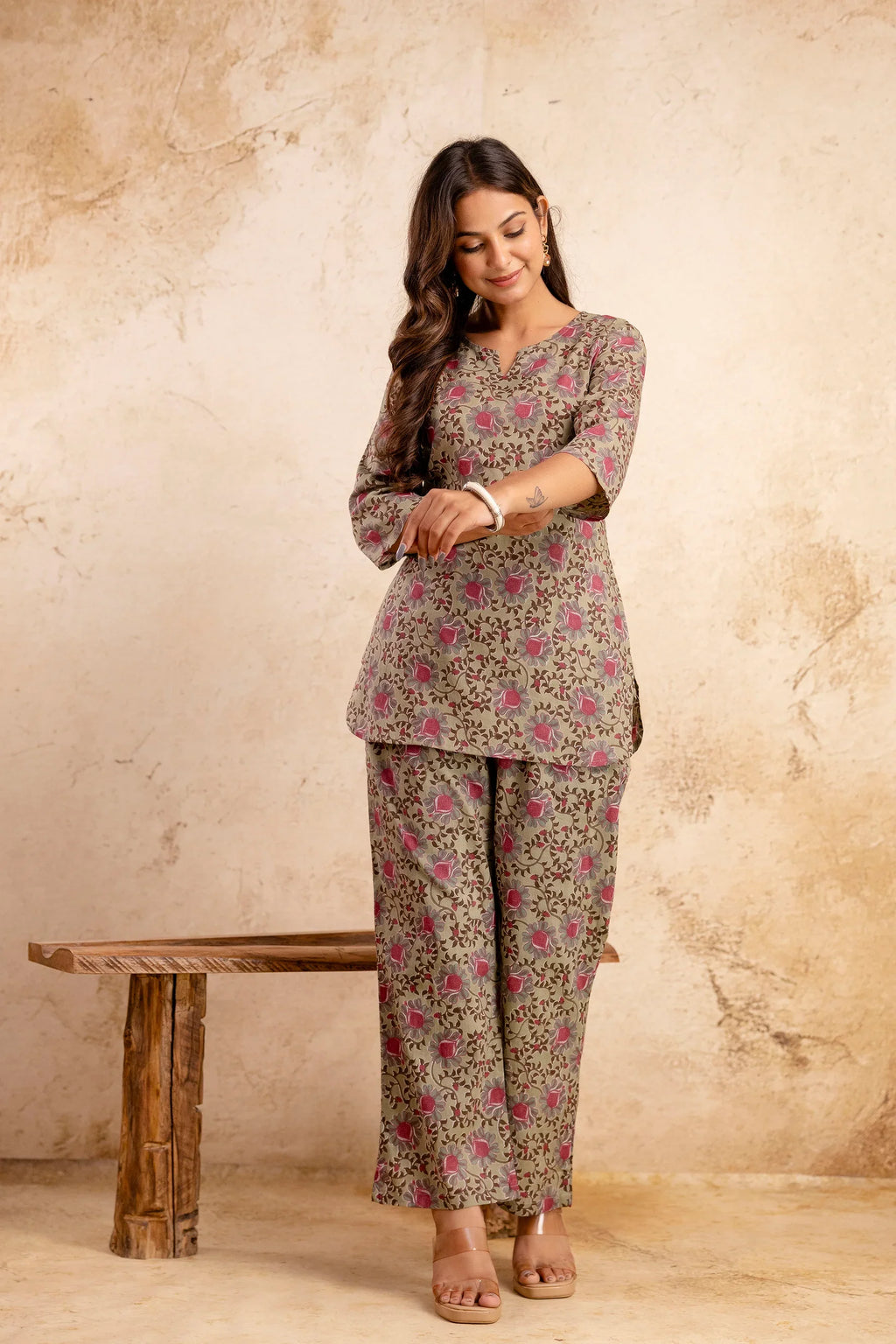 Womens Olive Floral Printed Cotton Co-ord Set  Relaxed Fit & Everyday Comfort