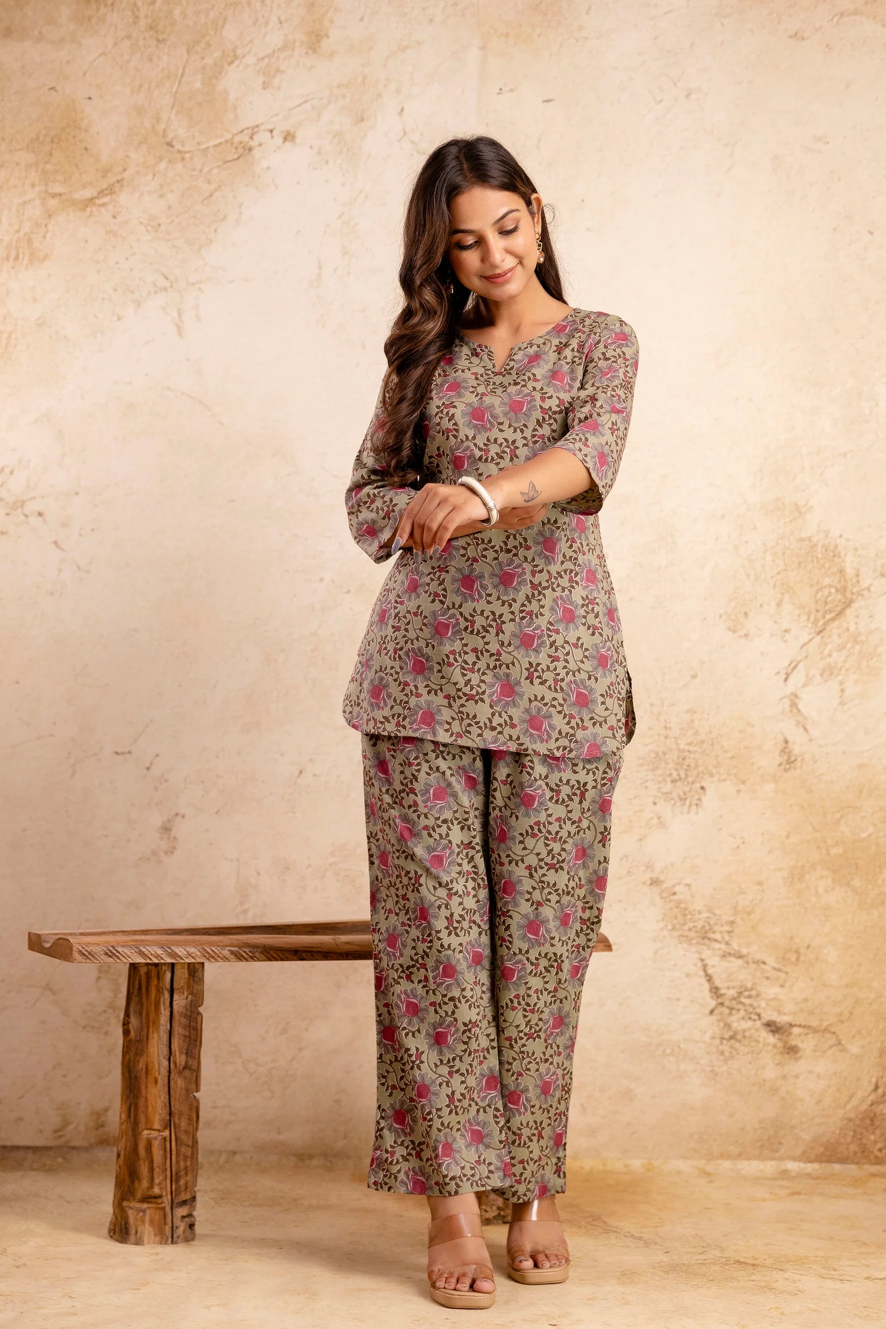 Women’s Olive Floral Printed Cotton Night Suit – Relaxed Fit & Everyday Comfort