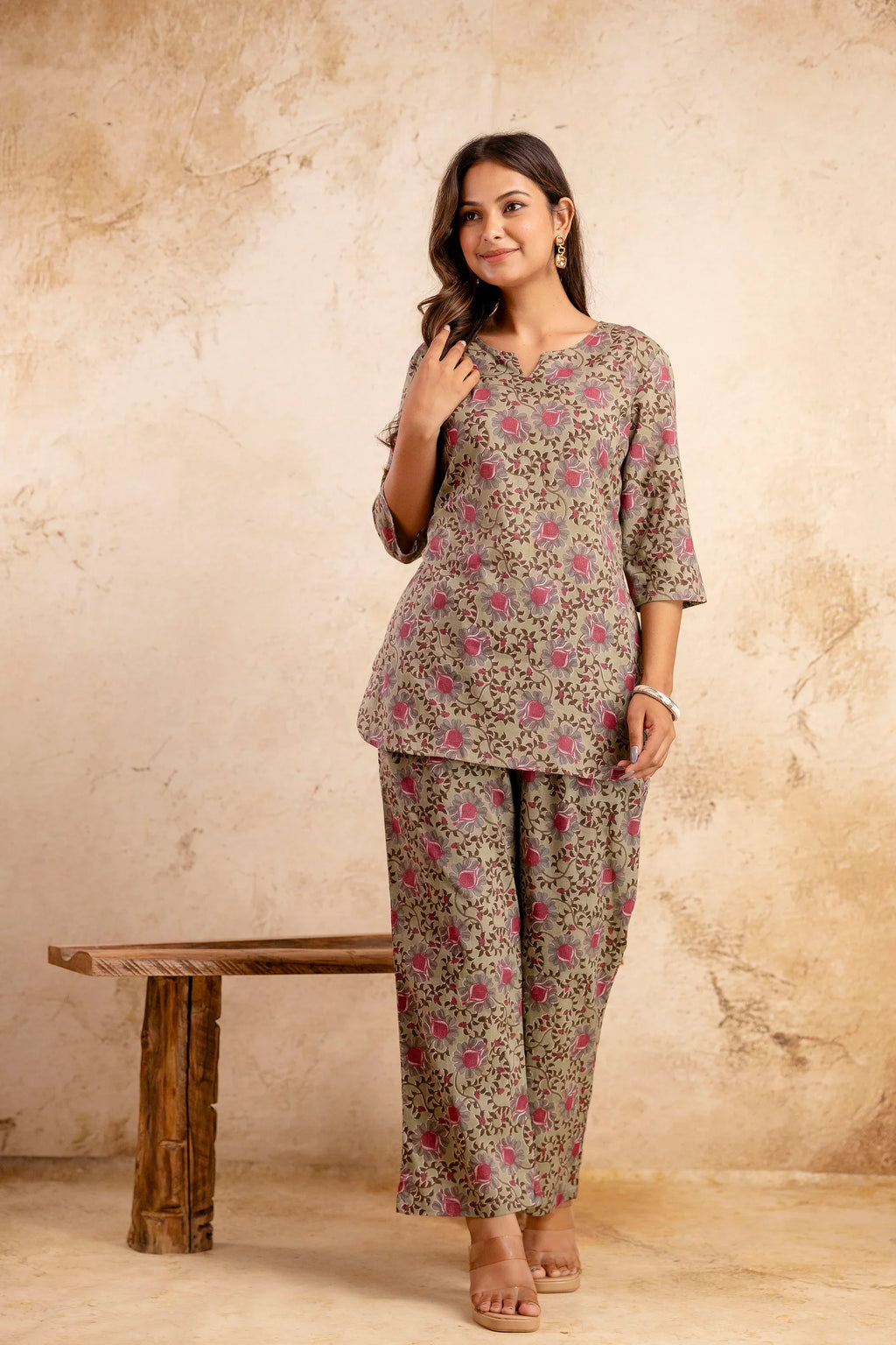 Womens Olive Floral Printed Cotton Co-ord Set  Relaxed Fit & Everyday Comfort