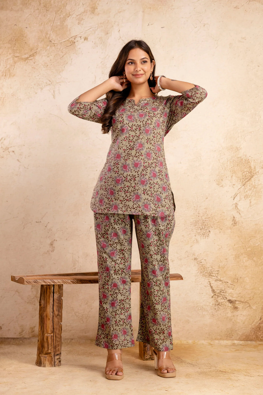 Womens Olive Floral Printed Cotton Co-ord Set  Relaxed Fit & Everyday Comfort