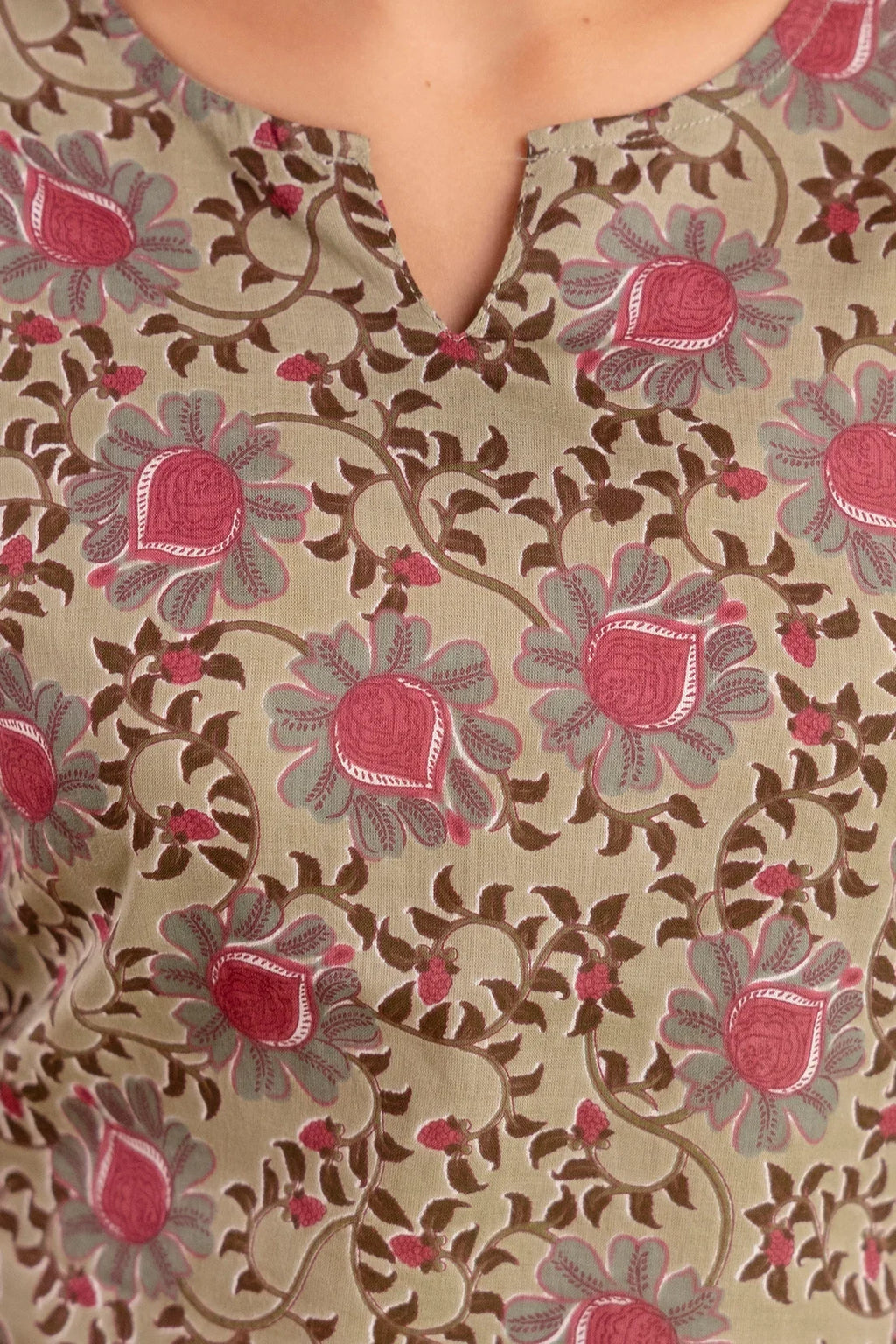 Womens Olive Floral Printed Cotton Co-ord Set  Relaxed Fit & Everyday Comfort