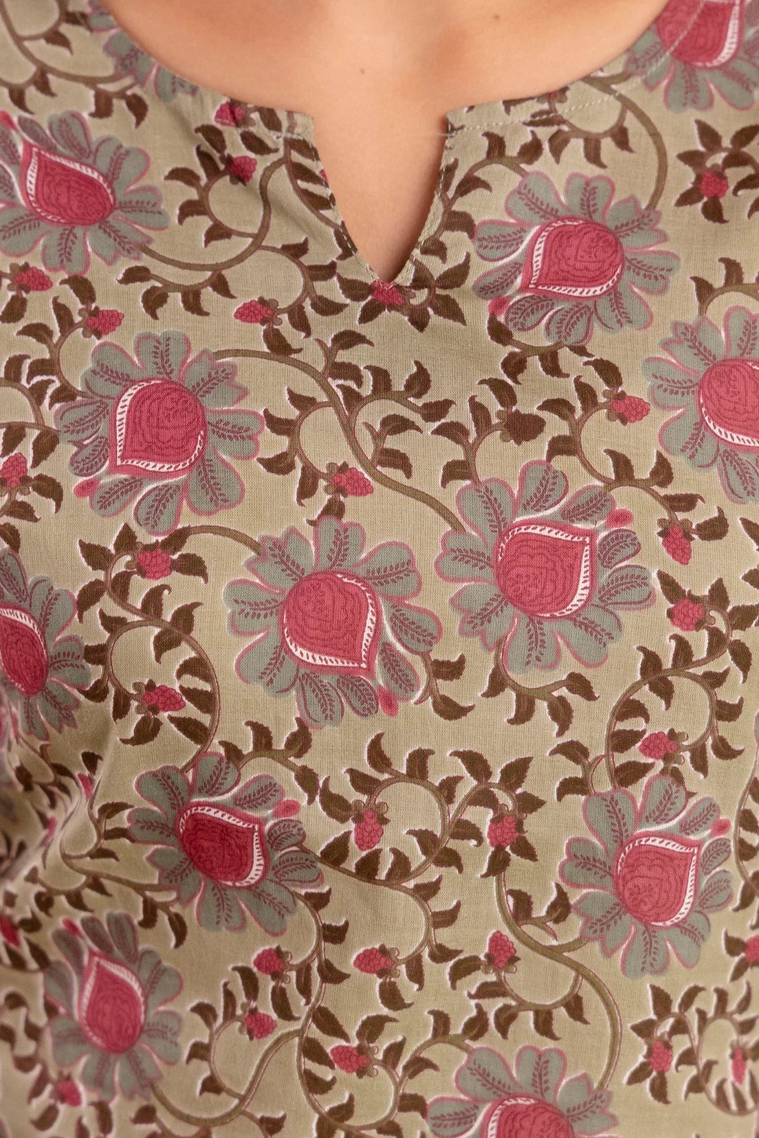 Womens Olive Floral Printed Cotton Co-ord Set  Relaxed Fit & Everyday Comfort