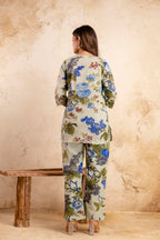 Women’s Floral Printed Cotton Night Suit – Blue & Olive Elegant Lounge Set