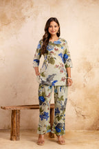 Women’s Floral Printed Cotton Night Suit – Blue & Olive Elegant Lounge Set