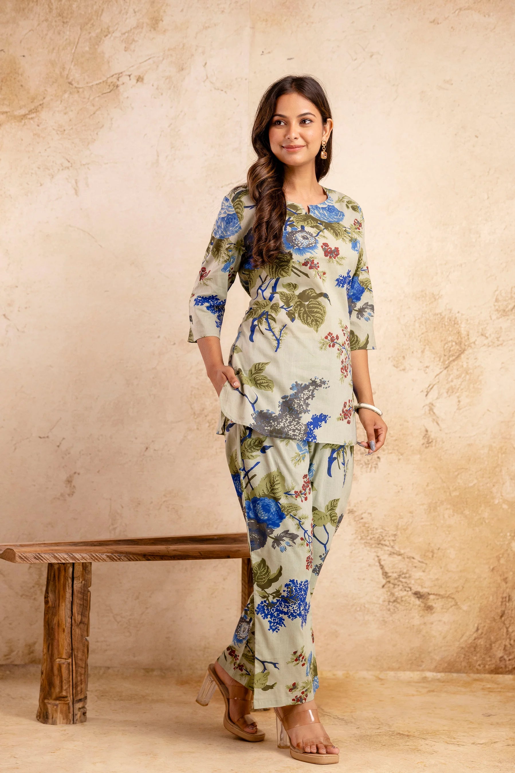 Women’s Floral Printed Cotton Night Suit – Blue & Olive Elegant Lounge Set