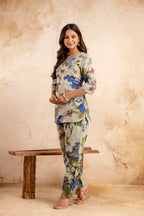 Women’s Floral Printed Cotton Night Suit – Blue & Olive Elegant Lounge Set