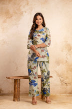 Women’s Floral Printed Cotton Night Suit – Blue & Olive Elegant Lounge Set