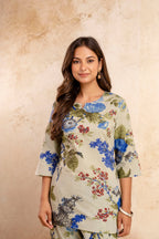 Women’s Floral Printed Cotton Night Suit – Blue & Olive Elegant Lounge Set
