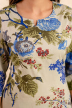 Women’s Floral Printed Cotton Night Suit – Blue & Olive Elegant Lounge Set