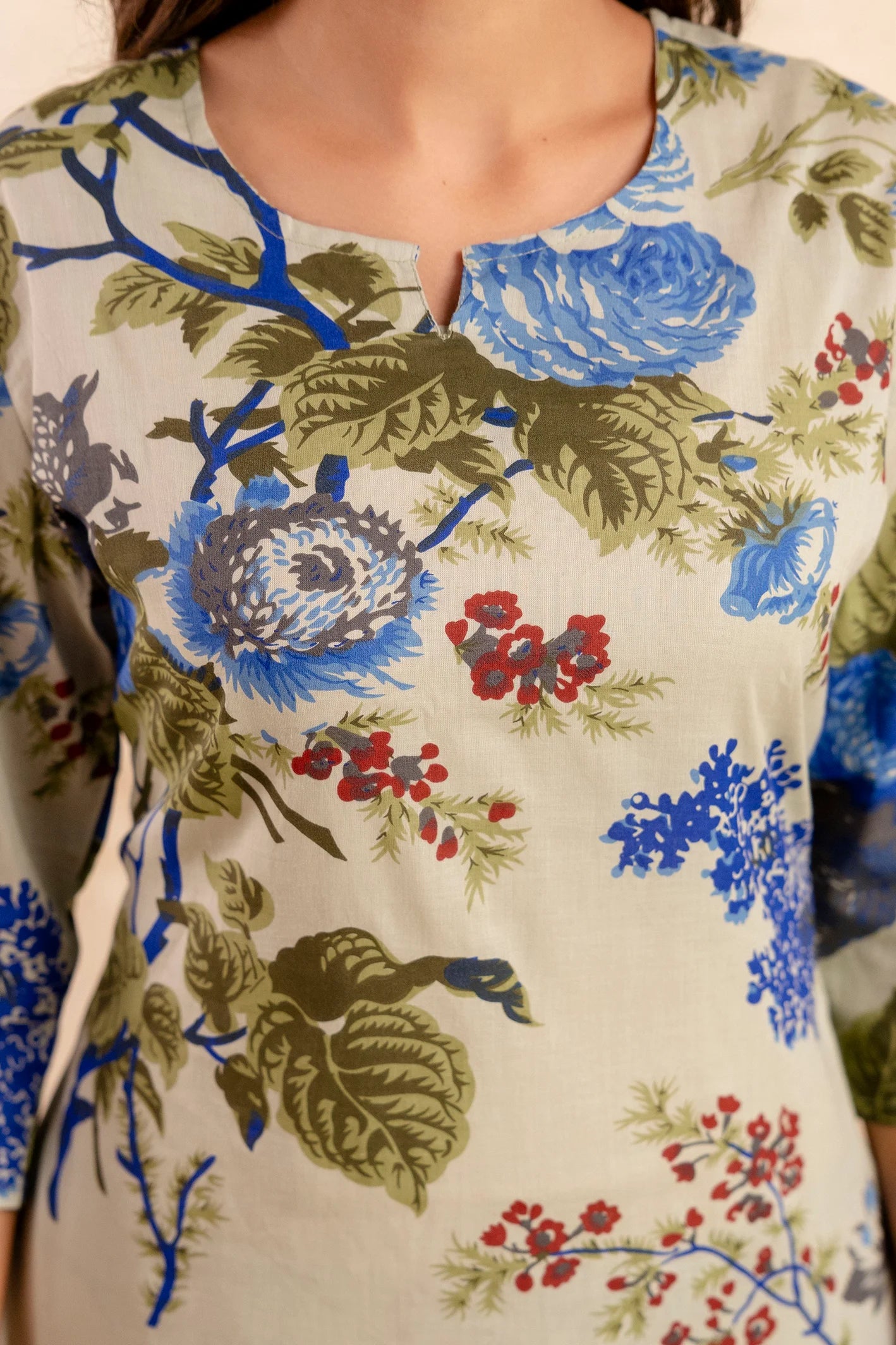 Women’s Floral Printed Cotton Night Suit – Blue & Olive Elegant Lounge Set