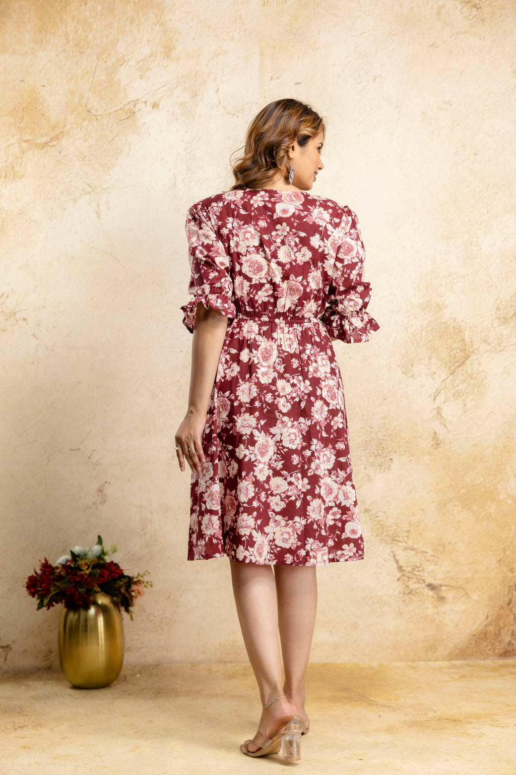 Elegant Cotton Fit & Flare Maroon Floral Dress