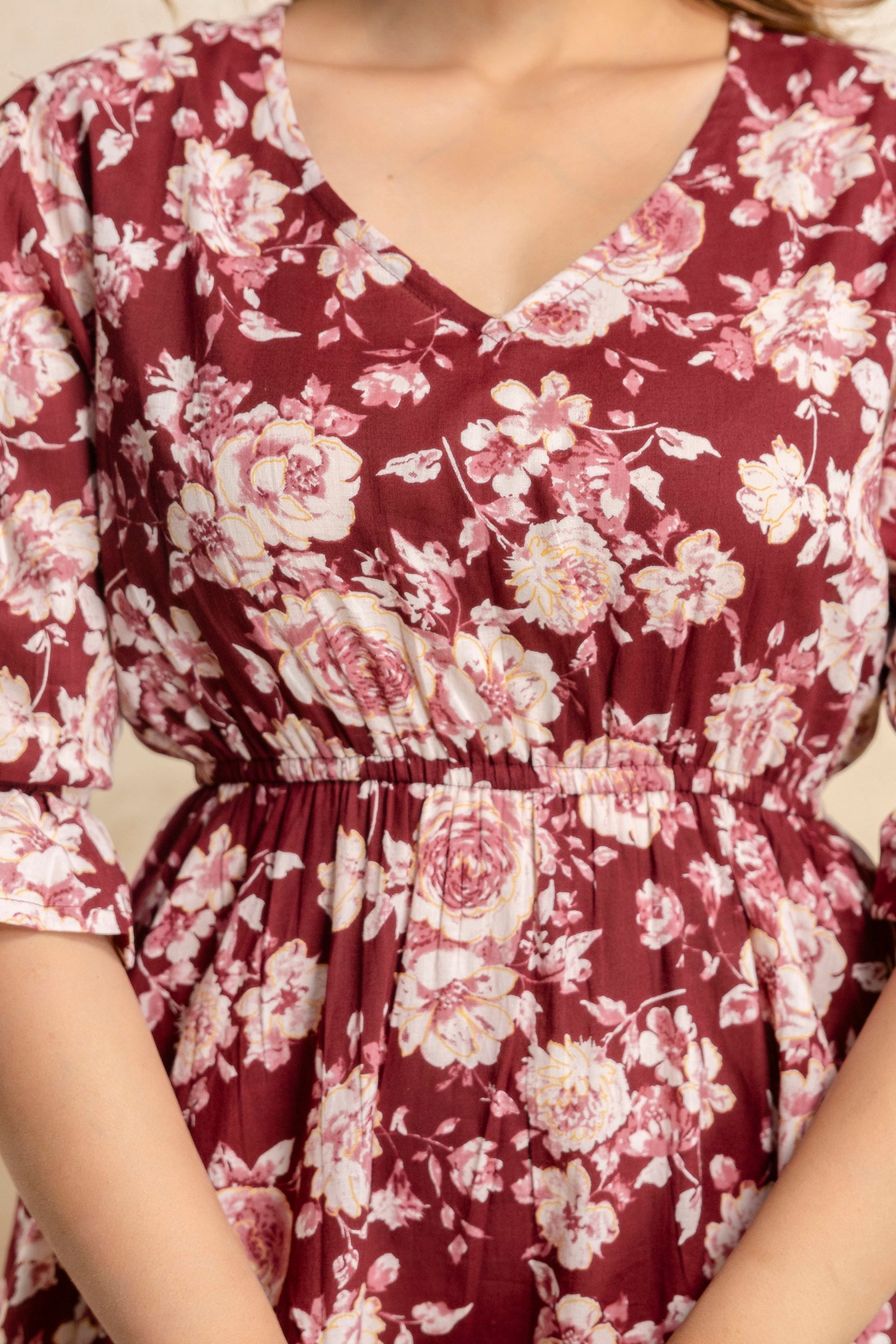 Elegant Cotton Fit & Flare Maroon Floral Dress