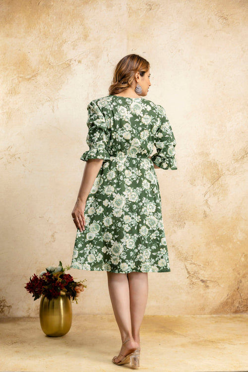 Botanical Bloom Fit & Flare Green Dress